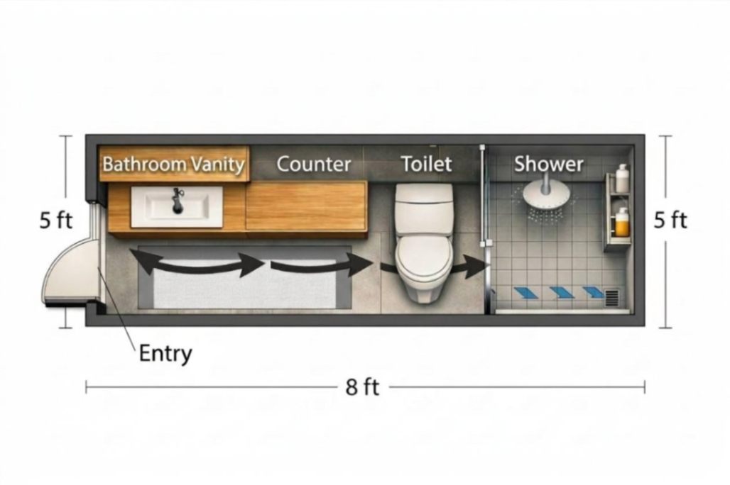 5×8 linear bathroom floor plan with vanity, toilet and shower