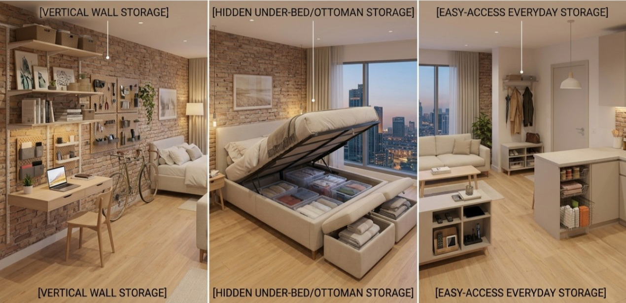 studio apartment storage ideas using vertical and hidden storage