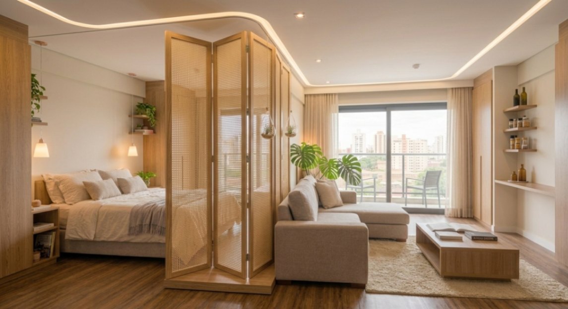 Folding screen separating the sleeping area from the living space in a studio apartment
