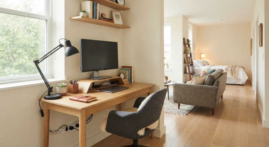 Studio apartment home office with compact desk, monitor, and organized workspace