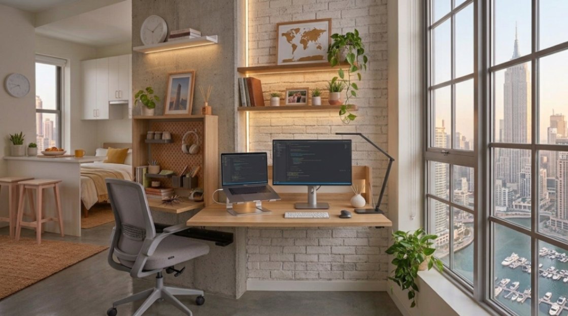 Studio apartment window workspace with compact desk