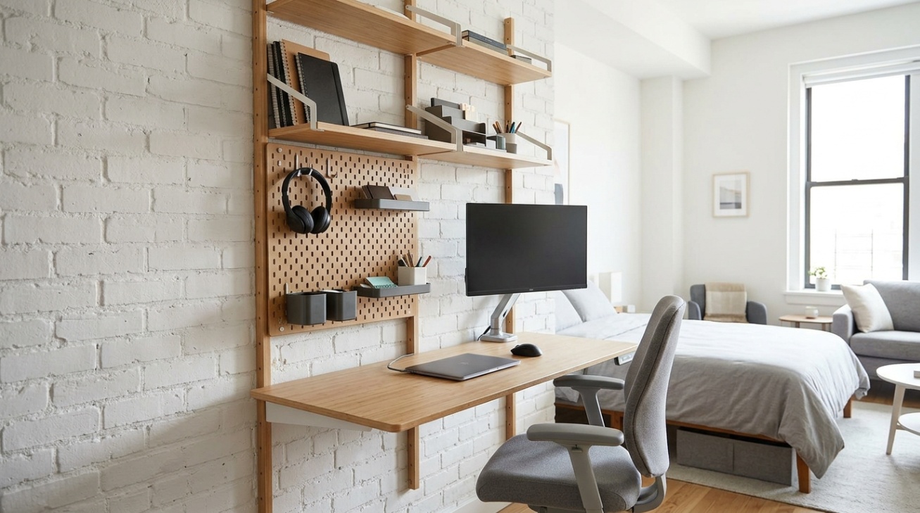 Vertical wall storage above a compact studio apartment desk