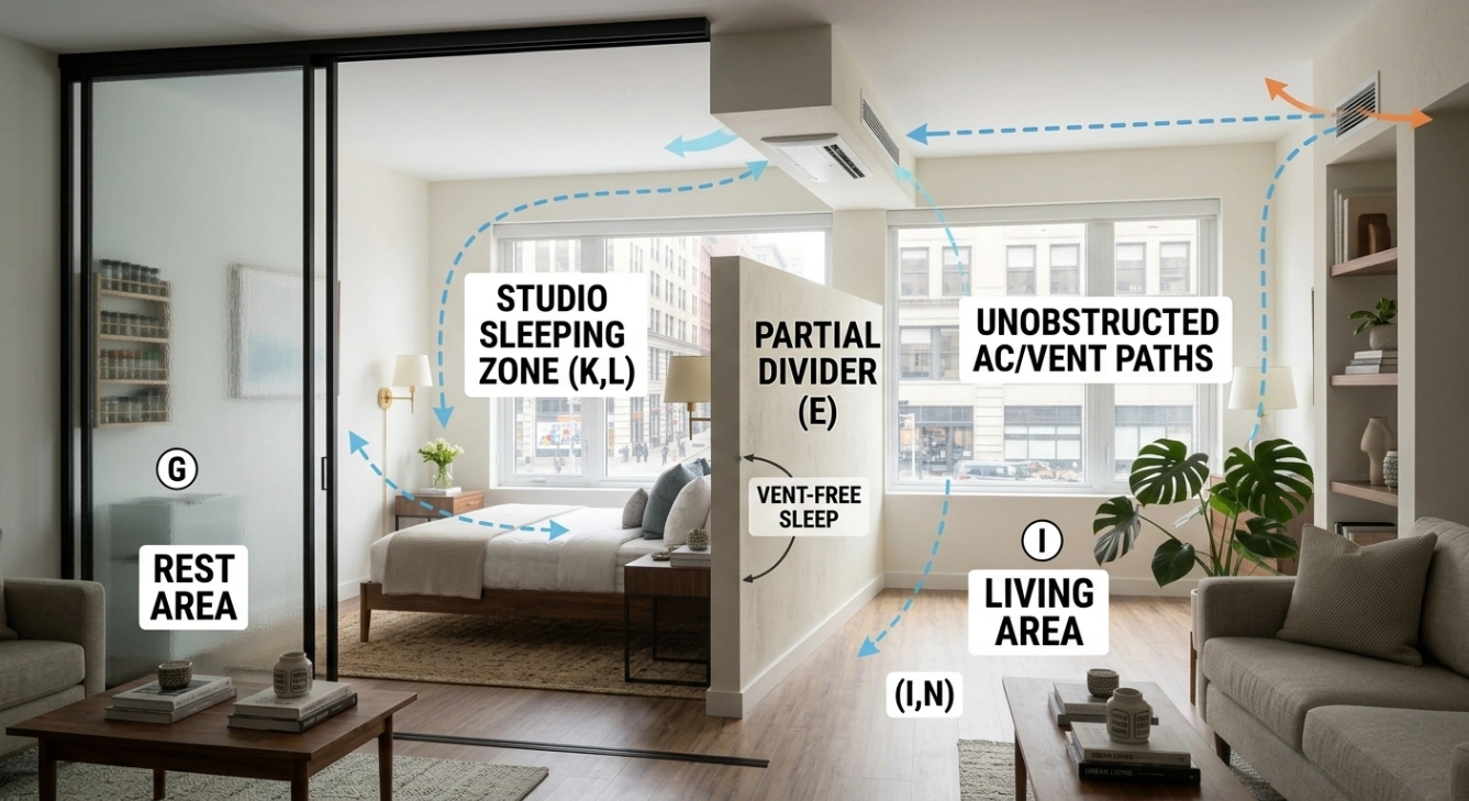 Studio apartment sleeping area with clear airflow around a bedroom divider