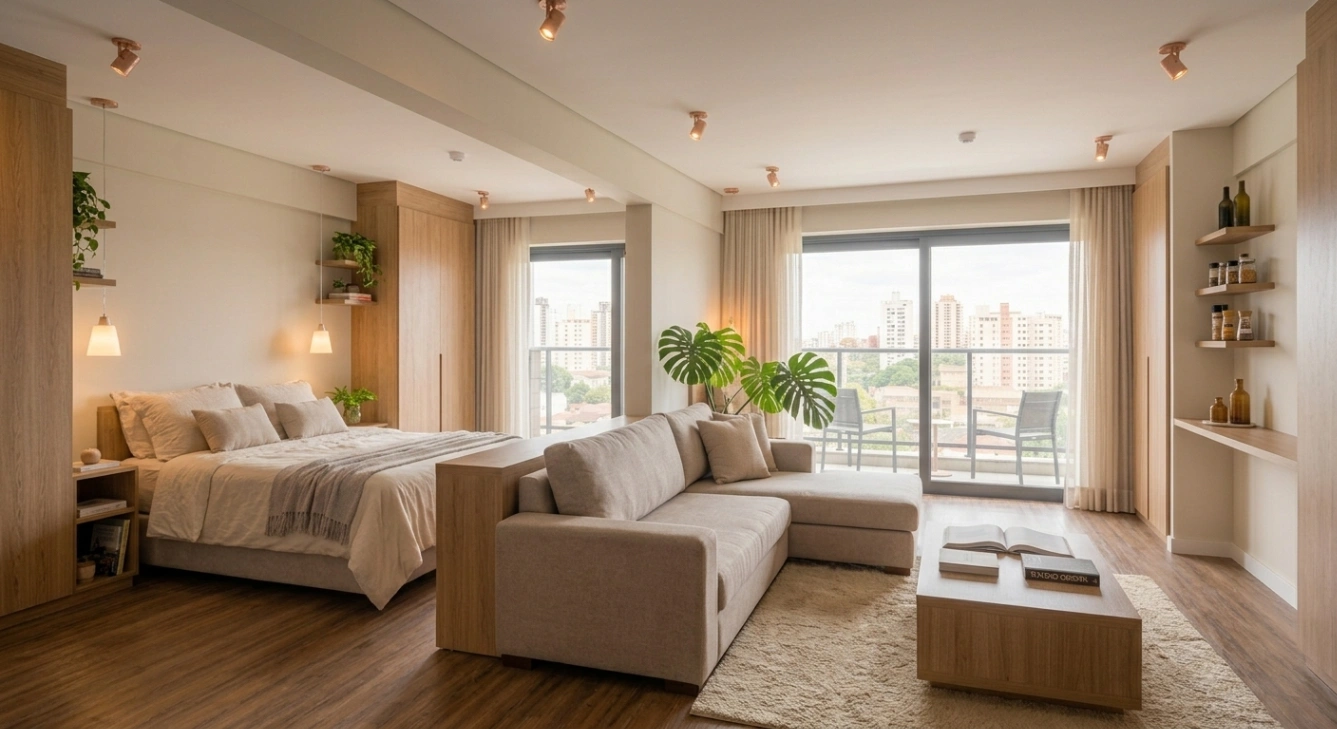Sofa separating the sleeping area from the living space in a studio apartment