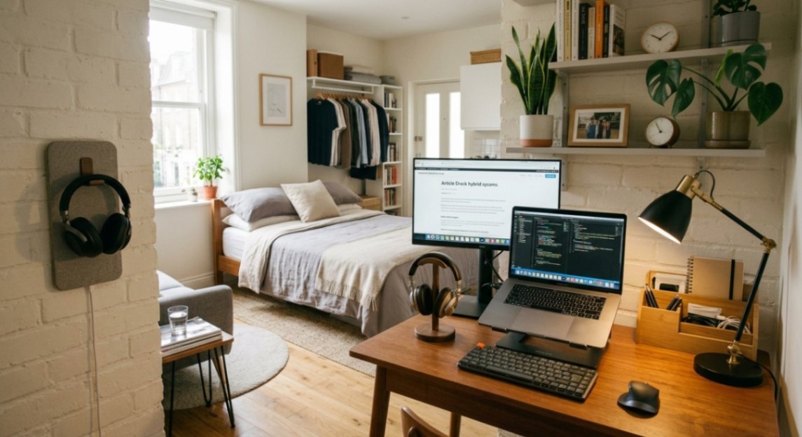 Compact studio apartment home office with laptop, monitor, keyboard, headphones, notebook, desk lamp, and storage