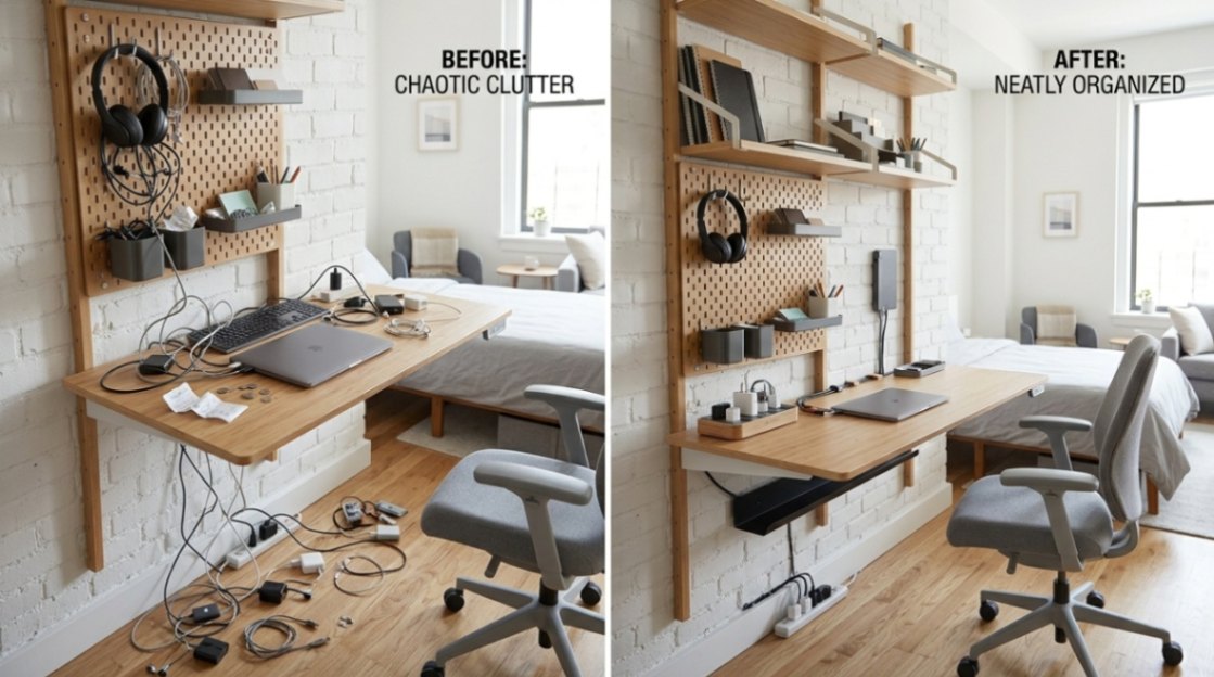 Before and after cable organization on a compact studio apartment desk