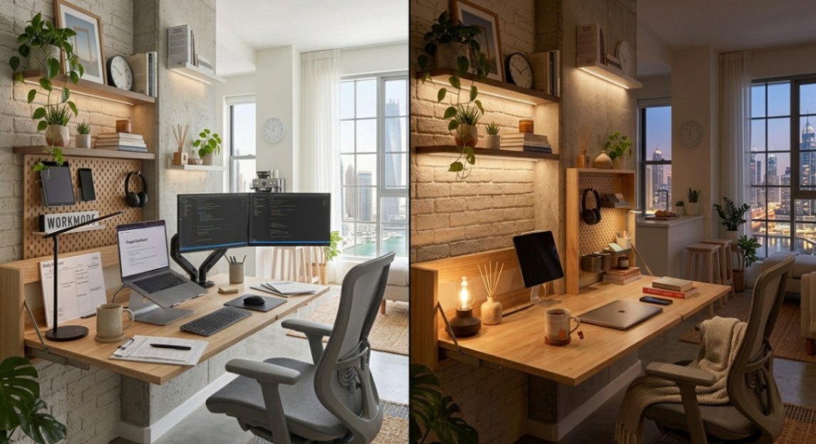 Studio apartment workspace transitioning from work to home