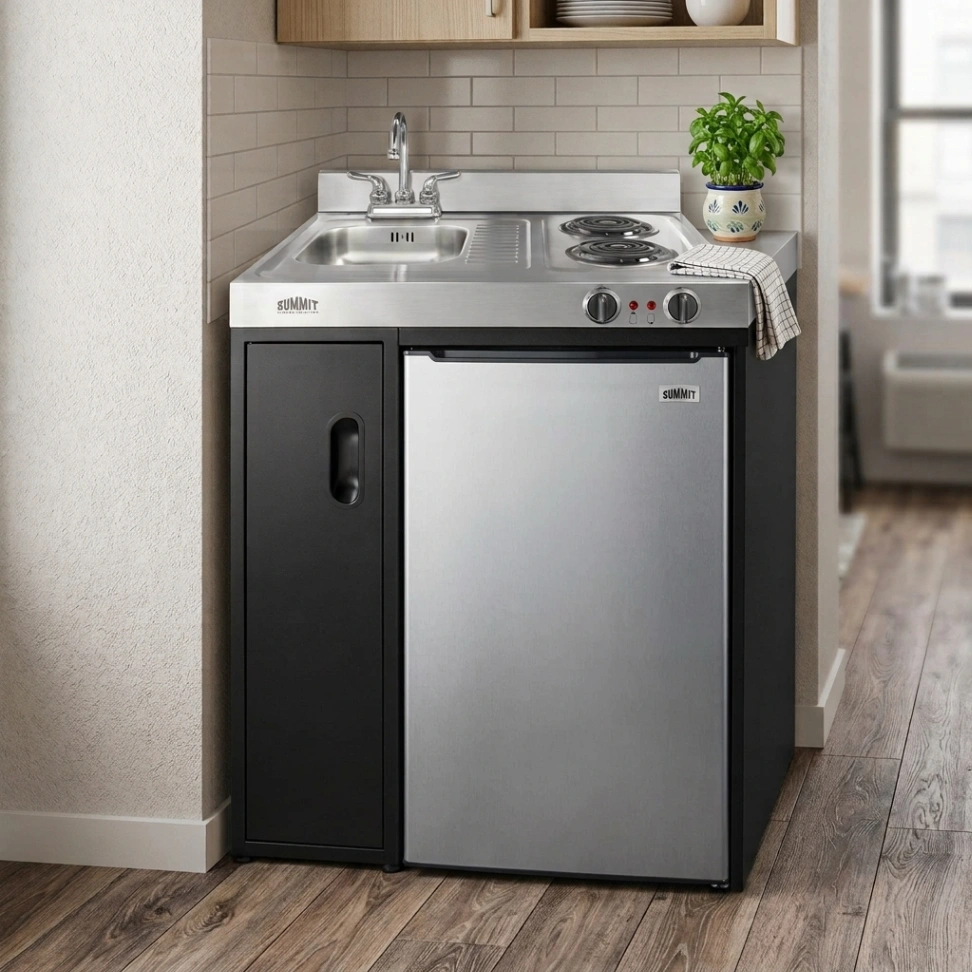 SUMMIT C30ELBK black compact kitchenette with stainless-steel worktop, sink, two-burner electric cooktop, refrigerator-freezer and lower storage cabinet for small studio apartments.