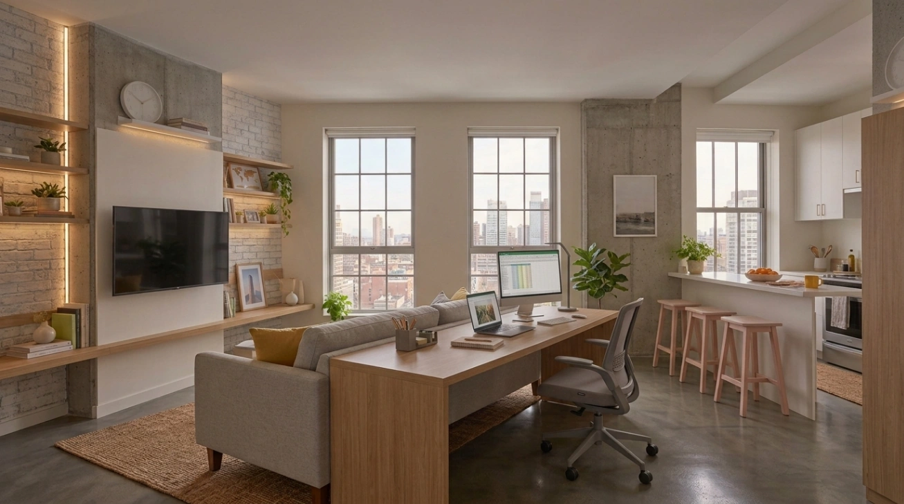 Studio apartment desk integrated behind sofa