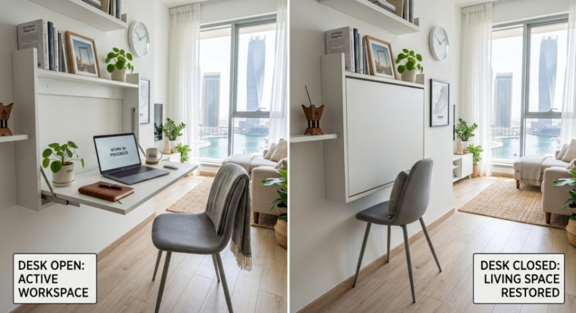 Fold-down desk shown open and closed in a studio apartment