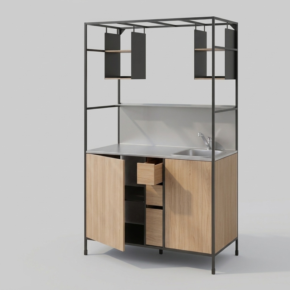 IKEA ÄSPINGE compact kitchenette in black and ash with stainless steel worktop, sink, three drawers, cabinet storage, hanging shelves and hooks for small studio apartments