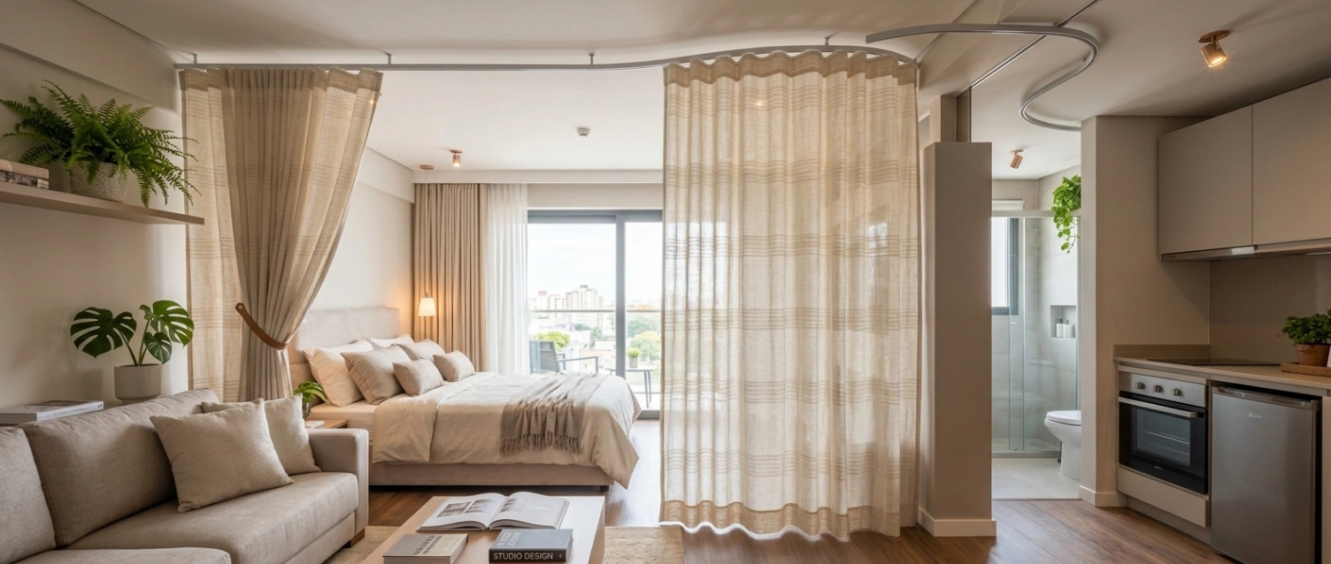Curtain separating a studio apartment sleeping area from the living space
