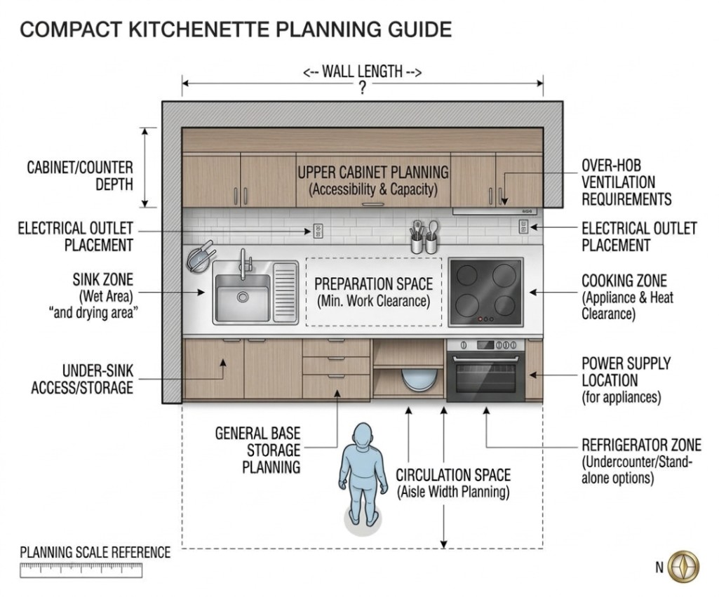 Annotated kitchenette diagram showing wall length, counter depth, appliance zones, preparation area and circulation space