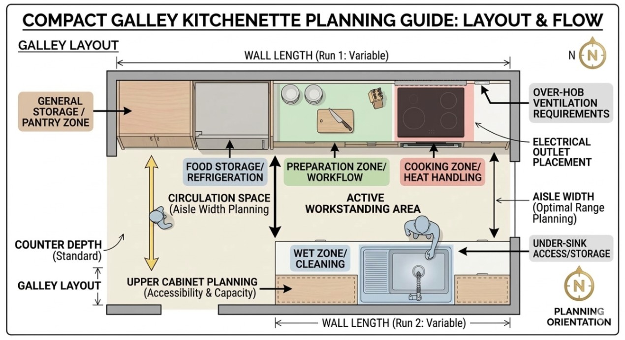 Top-down galley kitchenette diagram showing two opposing kitchen runs and central circulation space