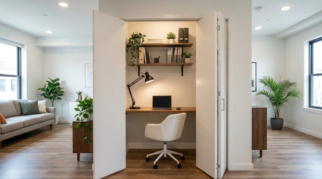 Compact closet office workspace inside a small studio apartment