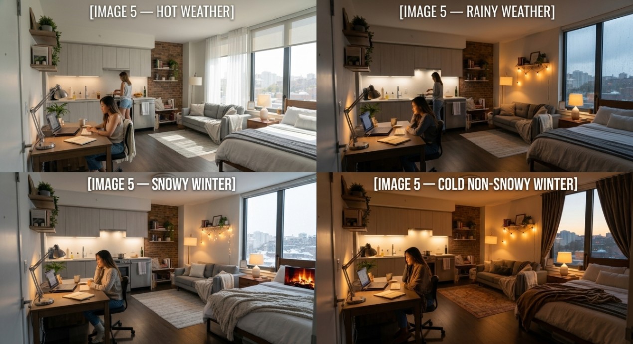 studio apartment ideas for hot rainy snowy and cold seasons