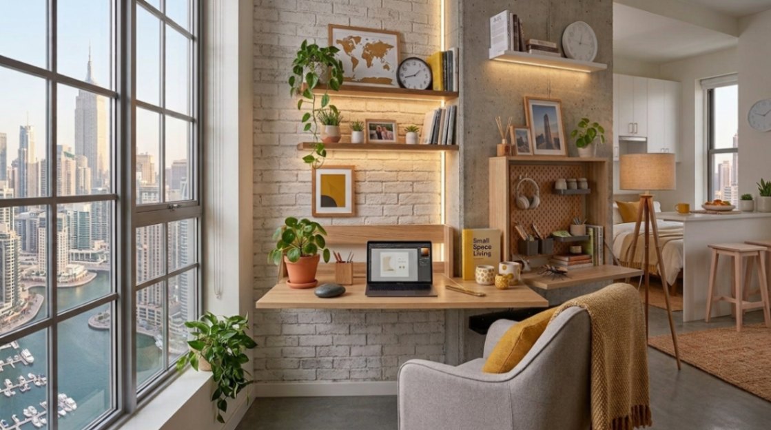 Inspiring studio apartment home office with natural light and personal decor
