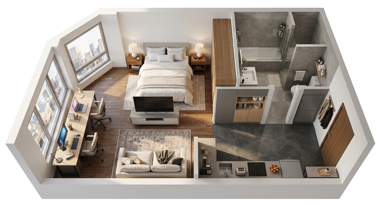 Detailed 3D Architectural View of a Modern Studio Apartment Layout