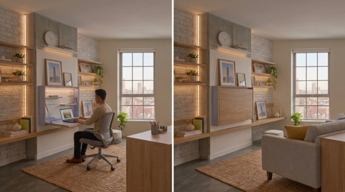 Fold-away desk open and closed in a studio apartment