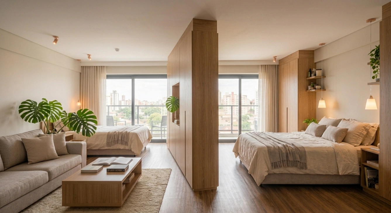 Wardrobe separating the sleeping area from the living space in a studio apartment