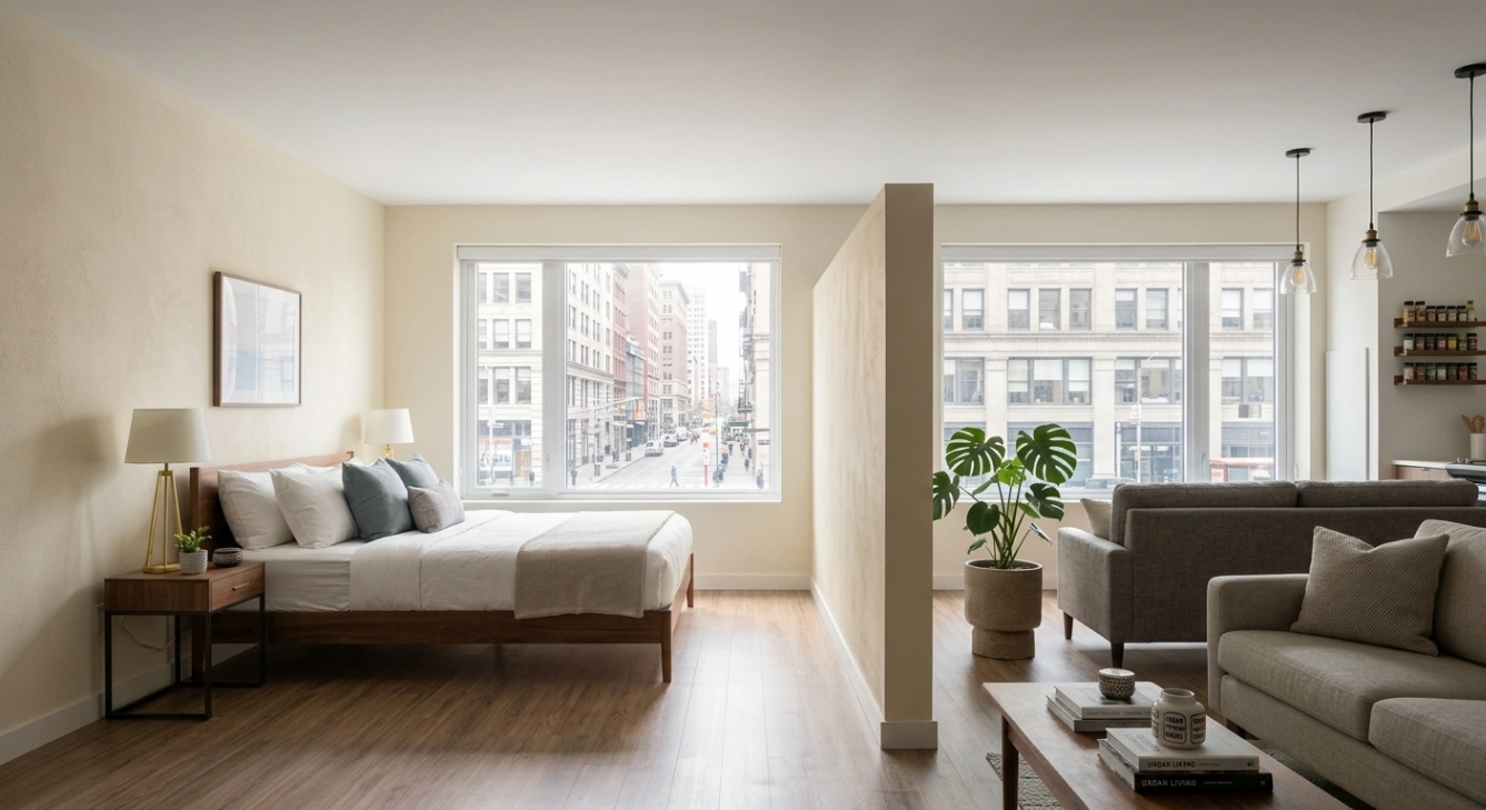 Partial wall separating the sleeping area from the living space in a studio apartment