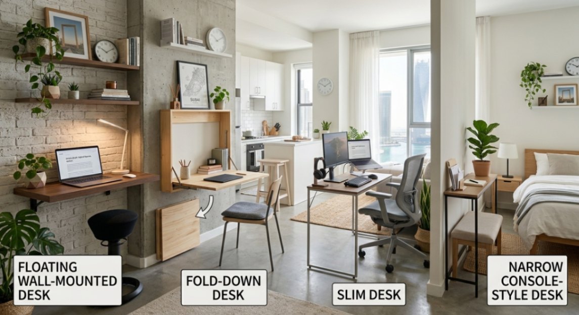 Compact desk styles in a studio apartment