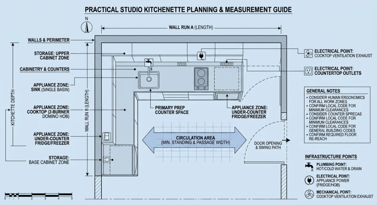Annotated studio kitchenette floor plan showing key areas to measure, including wall length, kitchen depth, appliances, counter space and circulation