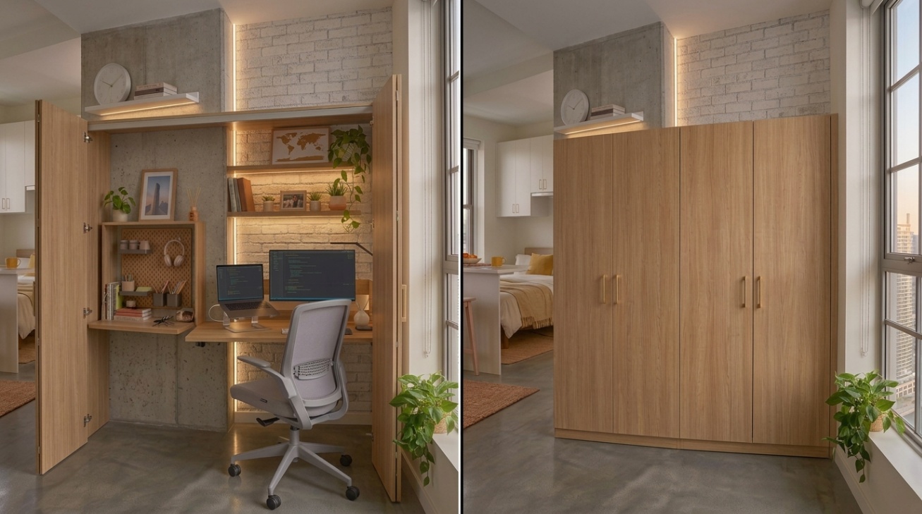 Open and closed closet office in a studio apartment