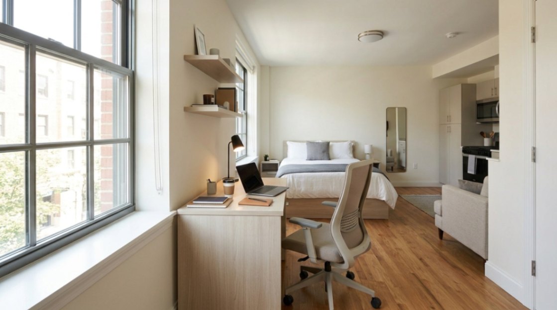 Compact desk positioned beside a window in a studio apartment