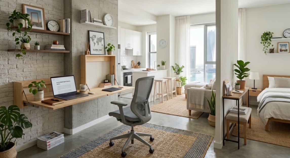 Compact ergonomic chair at a small studio apartment desk