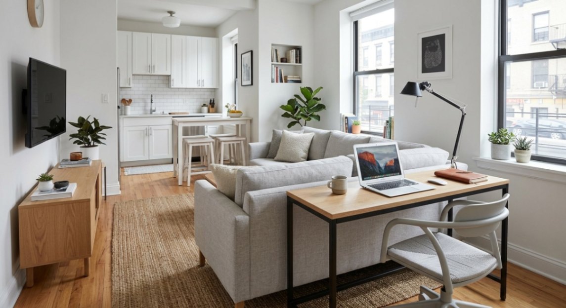 Compact desk positioned behind a sofa in a studio apartment