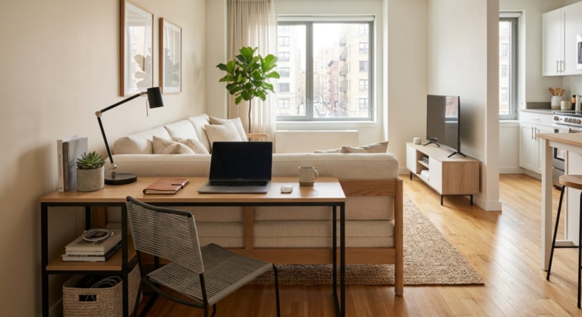 Compact home office integrated into a studio apartment living area