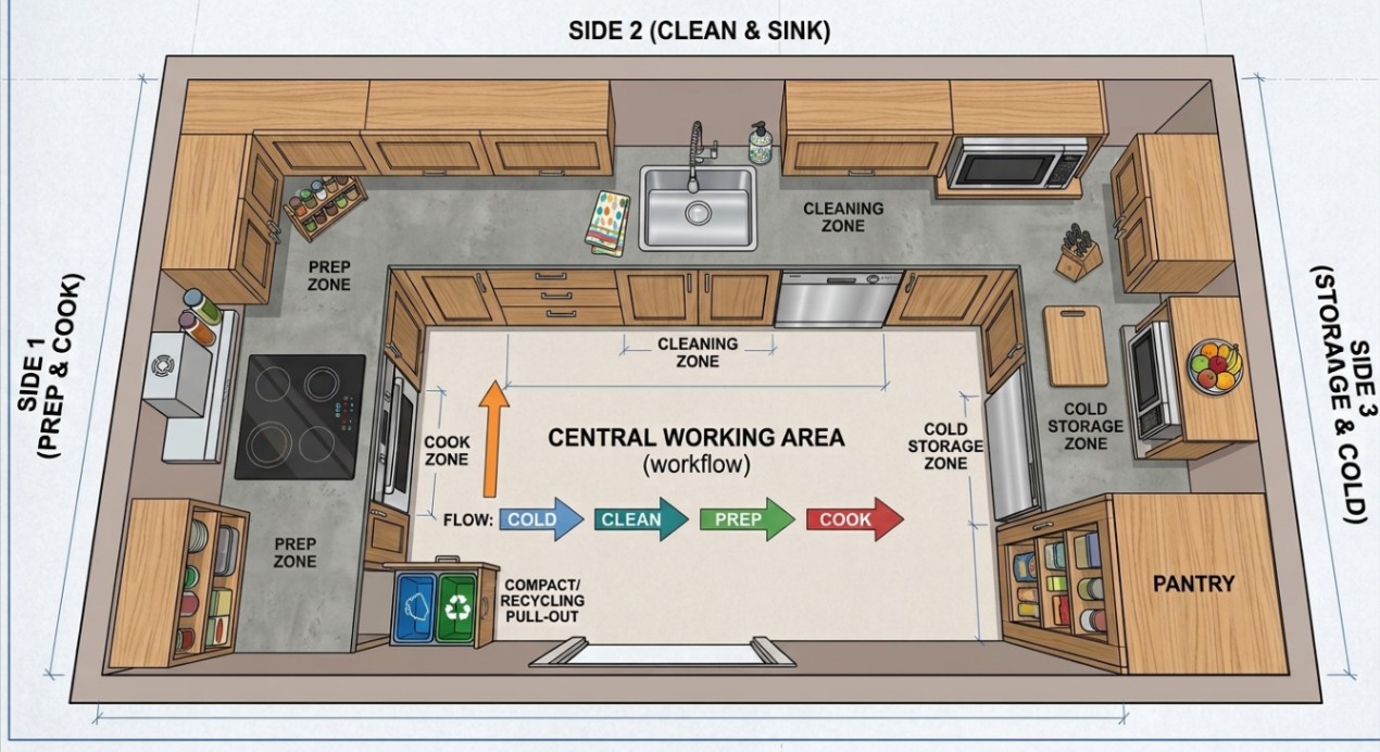 Top-down U-shaped kitchenette layout diagram highlighting prep, cook, clean, and storage zones with grey countertops, wooden cabinetry, and direction arrows.