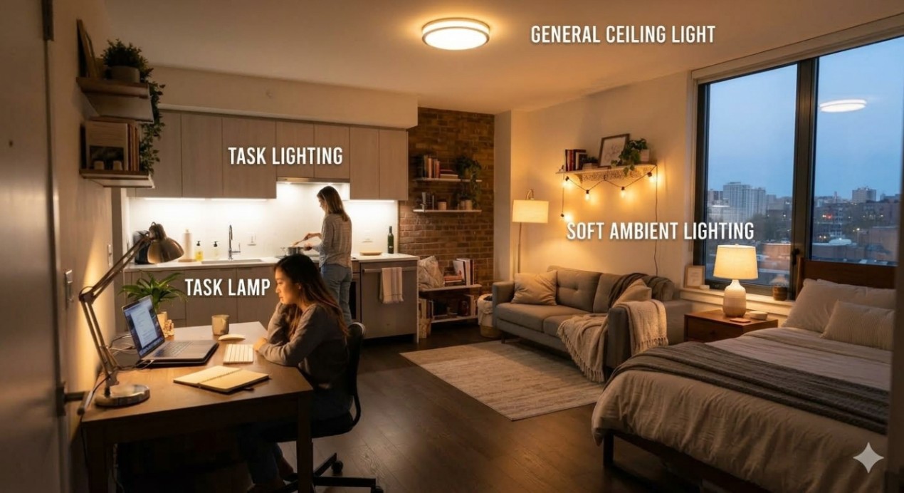 studio apartment lighting ideas for different living zones