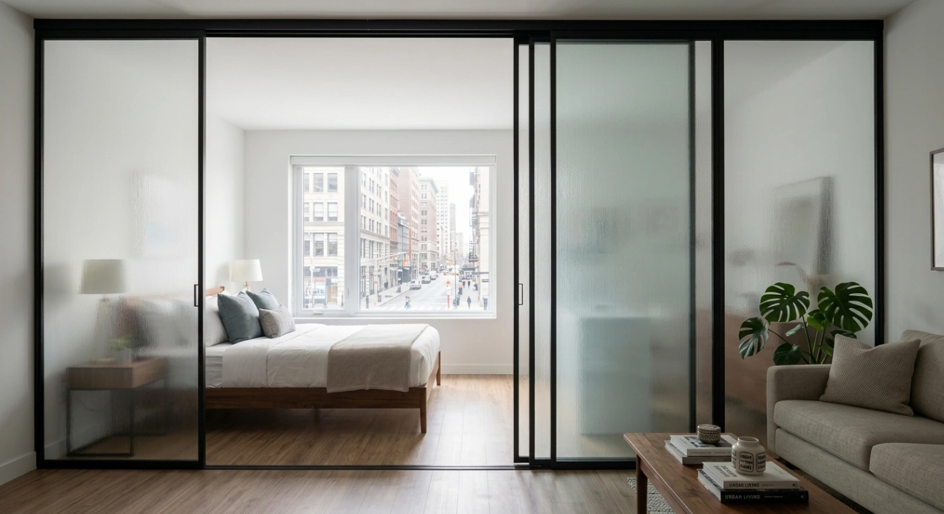 Sliding partition separating the sleeping area from the living space in a studio apartment