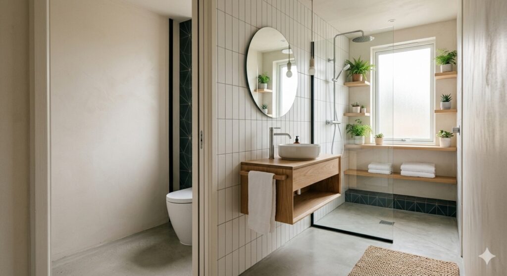 A compact minimalist bathroom featuring vertically stacked white tiles, a floating light oak wood vanity with a ceramic vessel sink, a round wall mirror, and an open glass walk-in shower situated near a bright window with wooden floating shelves.
