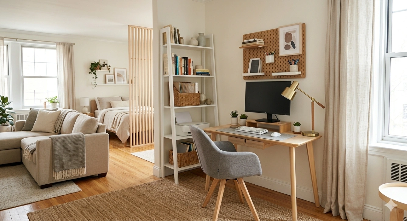 Studio apartment home office integrated with the living space