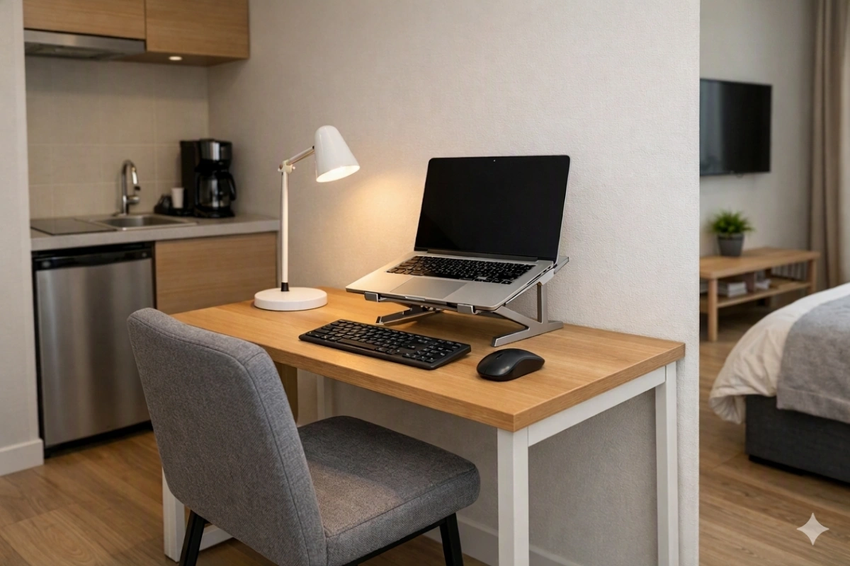 Minimal laptop workspace in a tiny studio apartment