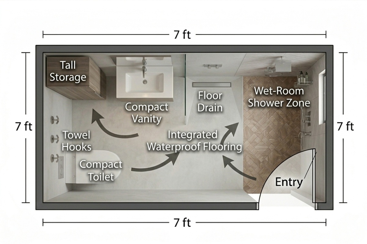 Compact wet-room bathroom with glass shower panel