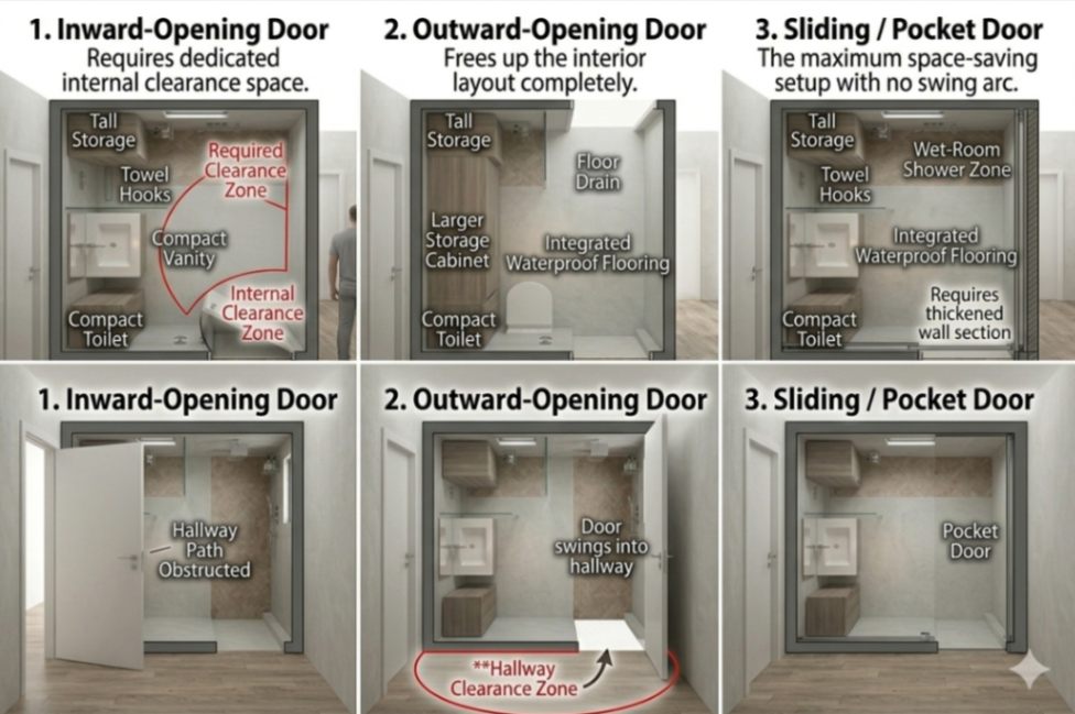 Small bathroom door swing and sliding door options