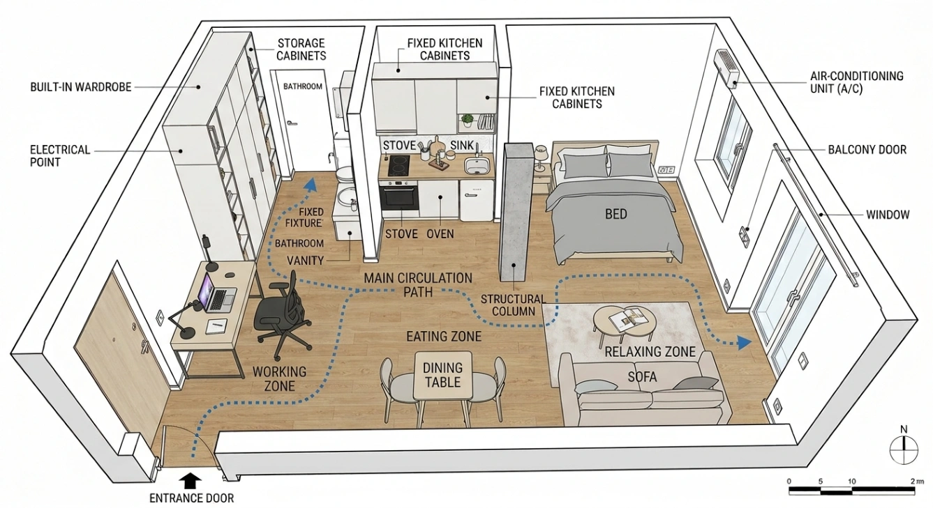 studio apartment layout showing furniture placement and clear circulation