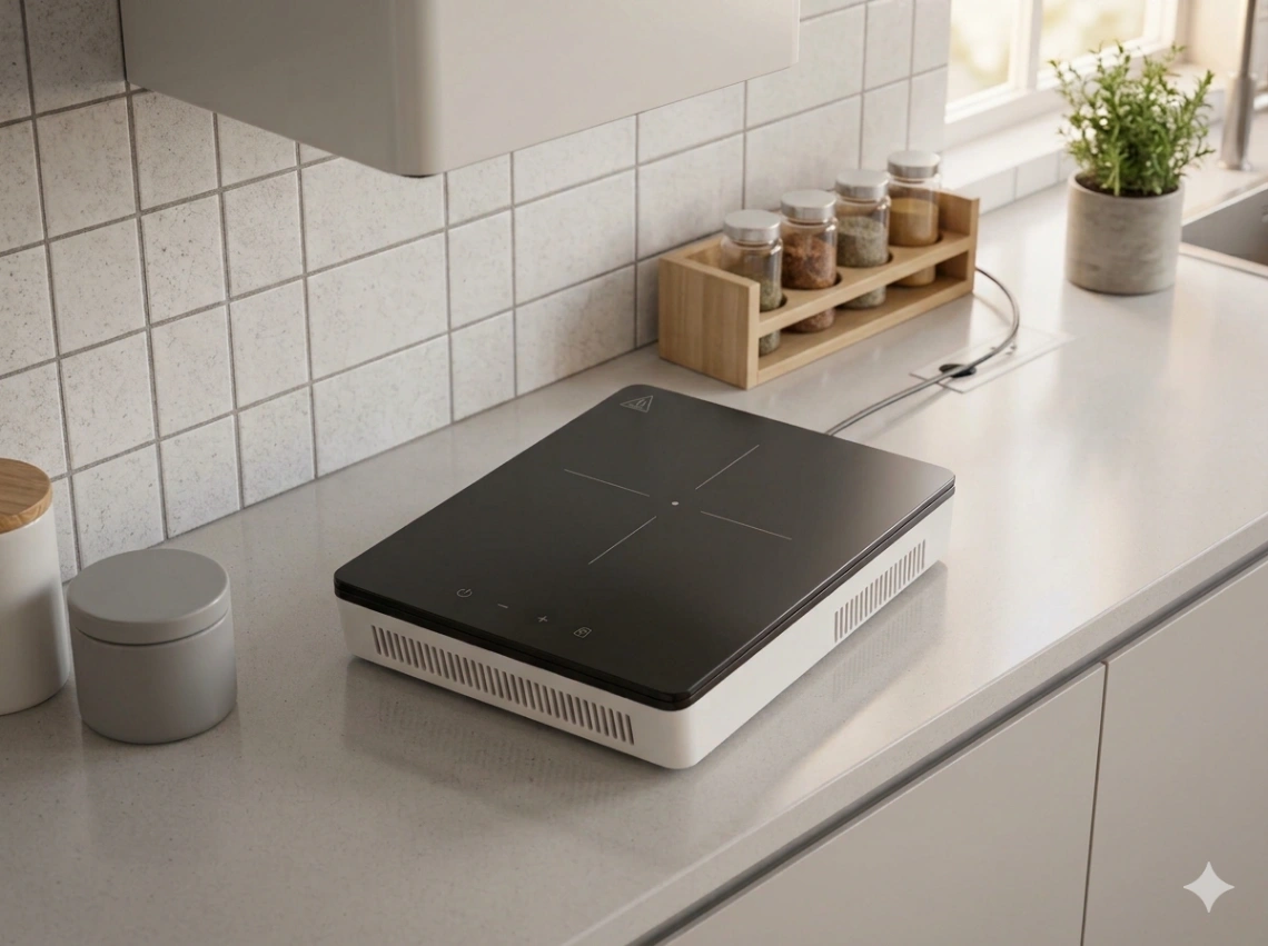 Minimalist Portable Induction Cooktop on a Contemporary Kitchen Counter