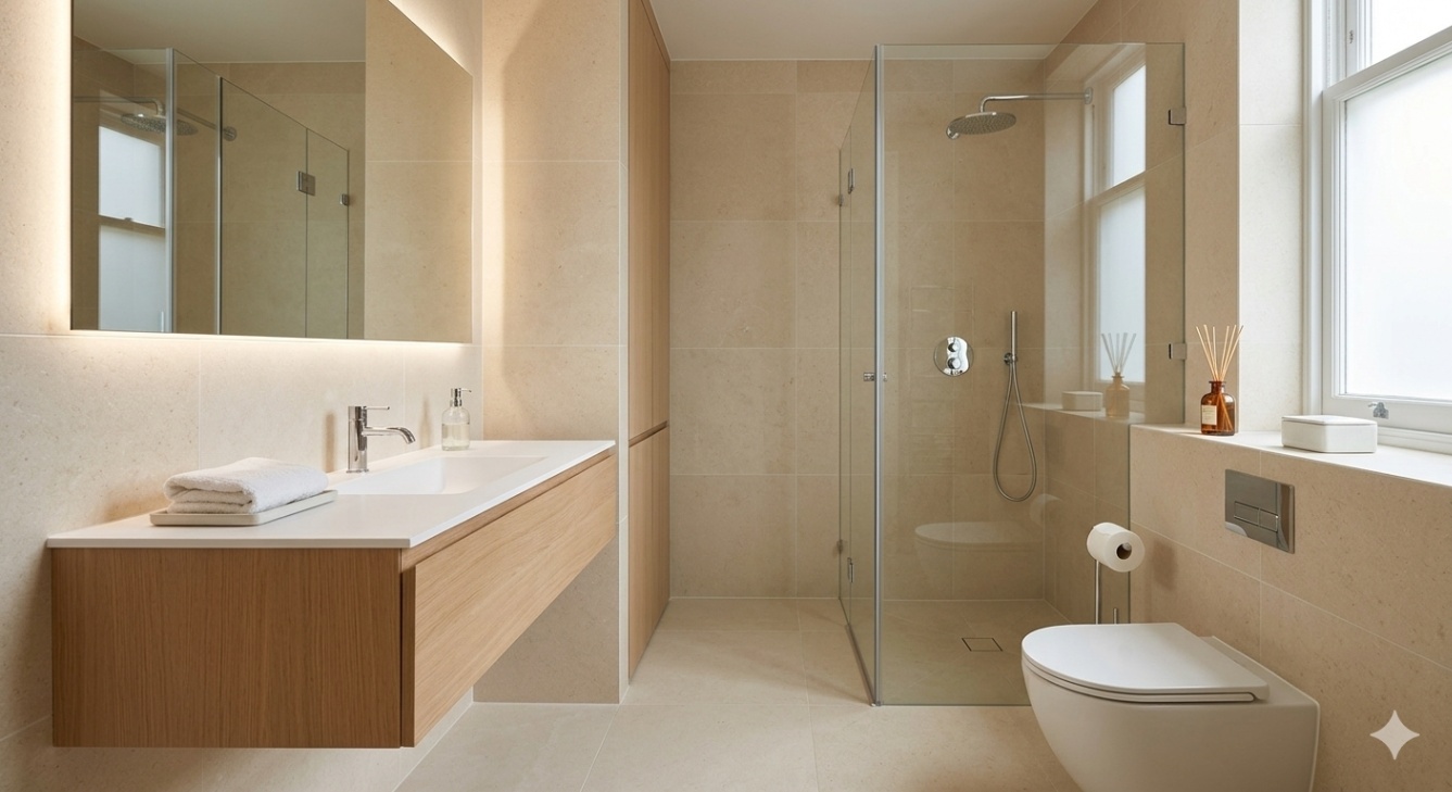 Elegant compact bathroom with clear glass and minimal clutter
