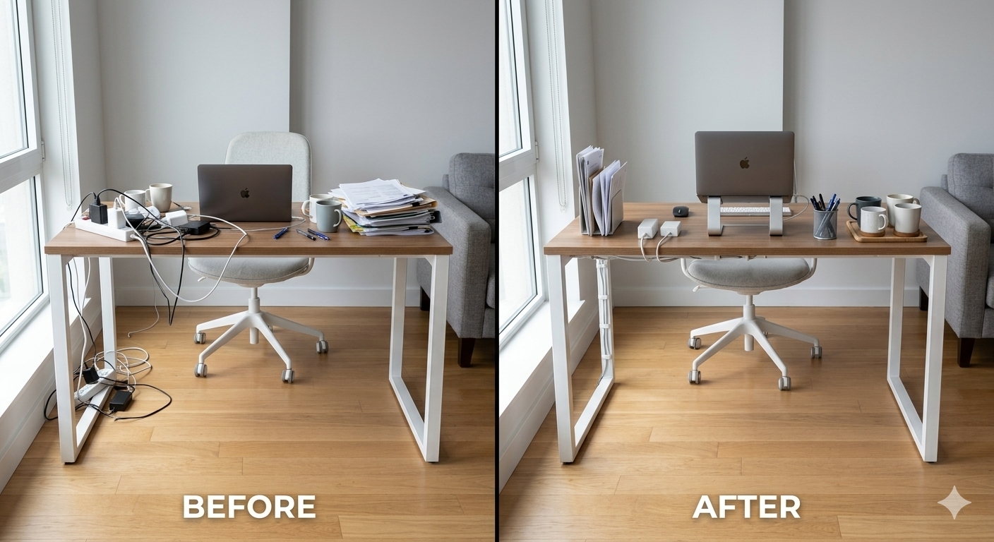 Cluttered and organized studio apartment home office comparison