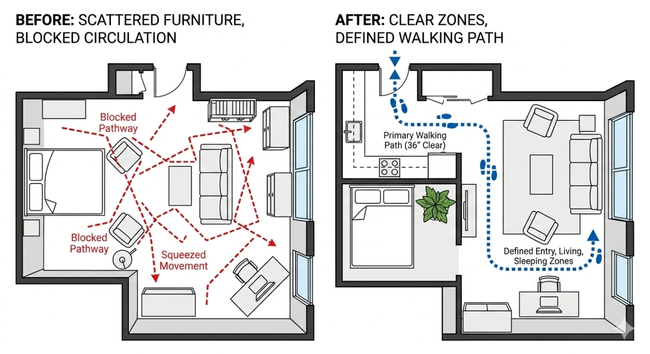 studio apartment layout showing blocked and clear circulation paths