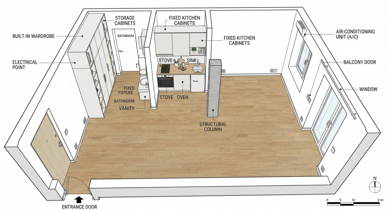 studio apartment floor plan showing fixed elements before furniture placement