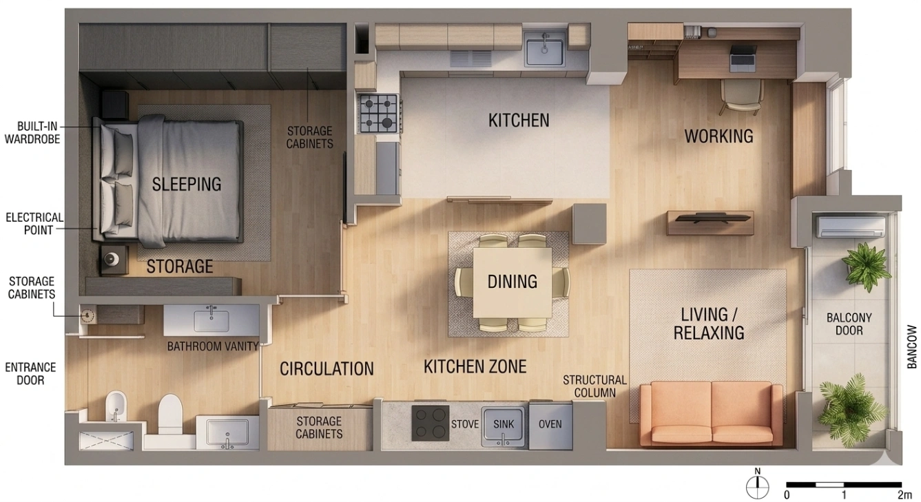 Top-Down Functional Zoning Plan for a Modern Studio Apartment
