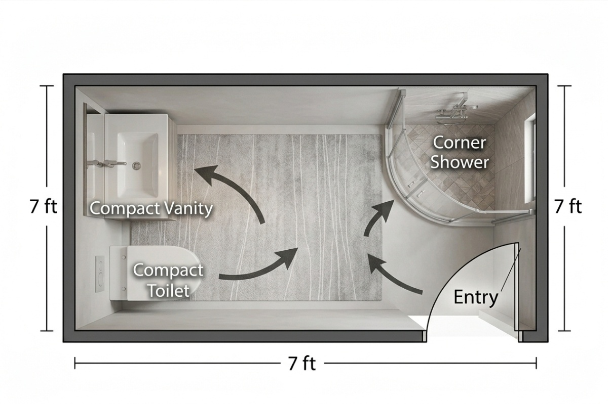 Small square bathroom with fixtures around the perimeter