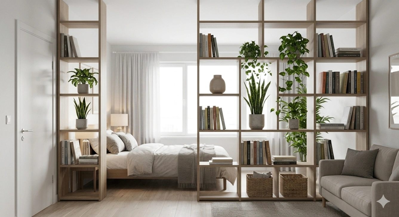 Open bookshelf separating bed from living area in a studio apartment