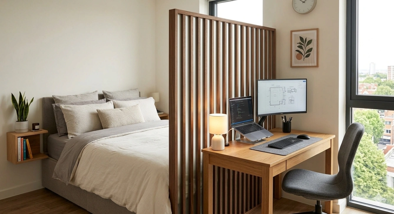 Bedroom-side workspace with visual divider in a studio apartment